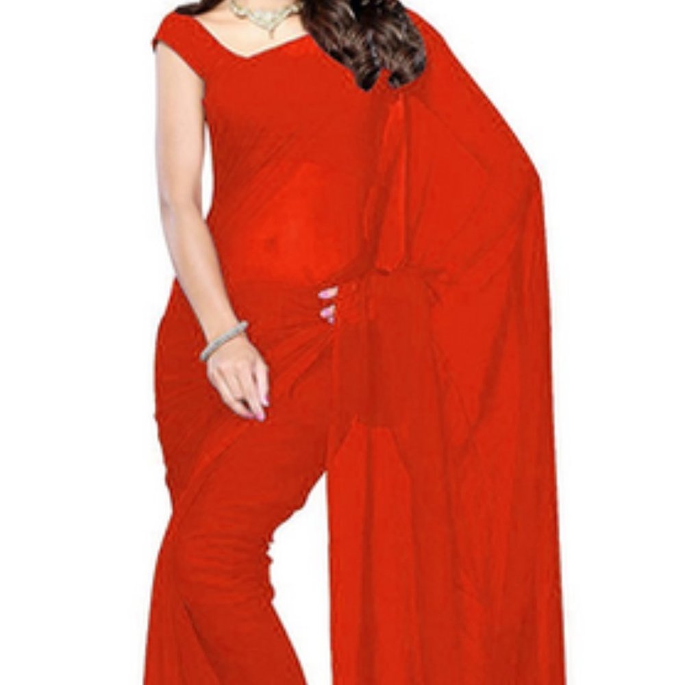 NEW Plain Red Georgette Saree